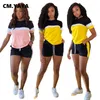 Cm.Yaya Active Patchwork Sweatsuit Kvinnors uppsättning Tee Toppar och Shorts Matchande Set Jogger TrackSuit Två 2 Stycken Set Fitness Outfit 210721