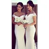 Women Dress Elegant Ladies Solid White Lace Long Chiffon Wedding Party Off-the-Shoulder V-Neck Bridesmaid Princess Formal Outfit 210522