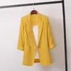 3XL 4XL Tallas grandes Otoño Algodón y lino Blazer Mujeres Casual Blazers largos Abrigo Blanco Negro Amarillo Pequeño Traje Chaqueta Mujer C6488 X0721