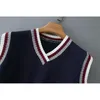 Preppy Style Navy Blue Dzianiny sweter Kamizelka Kobiety 90's Vintage Koreański Ubrania Paski V Neck Tank Top Y2K Knitwear 210429
