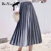 Faldas de terciopelo para mujer Vintage Otoño Invierno Cálido Plisado Midi Falda de cintura alta Color sólido Casual Estilo coreano Faldas 210506