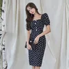 Women's Summer Dress Fashion Short Sleeve Bodycon Slim Fit Square Neck Buttons Knee Length Elegant Party Clothes 210603