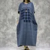 Johnature katoen linnen retro patchwork plaid o-hals batwing mouw plus size jurk zomer losse comfortabele vrouwen jurk 210521