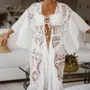 Summer Boho Women Long Chiffon Cardigan Sexy Transparent White Lace Maxi Tunic Beach Dress 210415