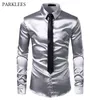 2st Silver Silk Shirt + Tie Mens Satin Smooth Tuxedo Shirts Casual Button Down Men Dress Shirts Wedding Party Prom Chemise Homme 210708