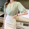 Kadın Bluz Gömlek 2021 Yaz Kadın Rahat Gevşek Yarım Kollu V Yaka Boncuk Şifon Moda Zarif Ofis Bayan Giyim Tops