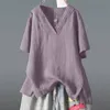 夏の女性Tシャツプラスサイズ半袖カジュアルルーズVネックティーシャツフェムム不規則なビンテージコットンリネントップスD9 210512