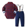 Cute Baby Boys Gentleman Style Clothing Sets Spring Fall Toddler Long Sleeve Plaid Jumpsuits+Suspender Pants 2pcs Set Kids Suits Infant Outfits