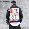 GONTHWID Bomber in denim strappato hip-hop Streetwear Graffiti Ink Print Patch Punk Jean Cappotti Mens Harajuku Black 211214