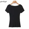 Sexig nedre krage knit blus kvinnor vintage solid färg kortärmad mode sommar toppar romantiska slim blusas 210430