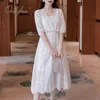 夏の女性パーティー中空アウトチュニックエレガントな白いレースのMidi Dress 210415