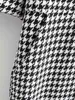 Houndstooth Wide Leg Kintted Jumpsuits Romper Women Winter Clothes Chic Zipper 3/4 Sleeve Pockets Overalls Plaid 210427