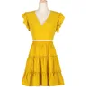 sexy backless lace up dress suits women v neck ruffle yellow crop top 2 pieces sets outfits for women matching set 210415