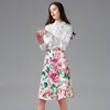Runway Summer Holiday Sets Suits Women's Long Sleeve White Blouse Shirt + Fancy Floral Printed Skirt Suit Two Pieces 210506