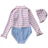 Pink Floral Baby Long Sleeve Girls Swimsuit One Piece Children Swimwear Toddler Bathing Suit Beachwear Sun Protection 210417