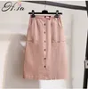 Vrouwen zomer rokken hoge taille koreaanse stijl snoep kleur solid button up longo vrouwelijke jupes saias longas zwart 210430