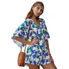 women summer Rompers&Playsuits Florals Print Short Sleeves Straight High Waist Loose Women's playSuit bohe beach wearing 210524