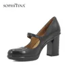 Sophitina varumärke äkta läderpumpar spänne band bekväma tjocka högklackade skor retro runda tå handgjorda party skor d012 210513