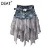 Mesh und Denim Patchwork Hohe Taille Schlank Vielseitig Knielang Gerader Rock Frauen Frühling Sommer GX991 210421