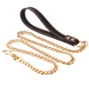 Mode Läder Pet Leash Chain Gyllene Rostfritt Stål Hundkrafter Leashes Doberman Pug Teddy Puppy Tillbehör