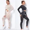 Conjuntos de ginásio de malha oco para mulheres 2 peças de cintura alta yoga leggings + recortado top seamless tracksuit roupas fatos 220315