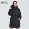 Miegofce Design Vinterrock Kvinnor Parka Isolerad Lös Klipp med Patch Fickor Casual Loose Jacket Stand Collar Hooded 210819