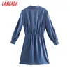 Fashion Women Blue Satin Shirt Long Sleeve Office Ladies Mini Dress with Bow 5Z31 210416