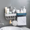 プラスチックパンチフリーの壁掛け浴室ラック4つのハンガーが付いている自己接着石鹸シャンプーホルダー収納ラック