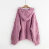 H.SA Vinter Mode Kvinnor Hooded Cardigans Twisted Pink Stickad Oversized Sweater Coat Kvinna Zipper Ponchoes 210417