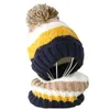 Kids Winter 2pcs Cable Knit Beanie Hat Scarf Set Cute Pompom Contrast Color Stripes Skull Cap Plush Lined Neck Warmer