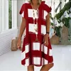 Summer Lattice Print Casual Drwomen's Neck Krótki Rękaw Suknie Dla Kobiet Plus Size Beach Boho Loose Midi Dress X0529