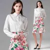 Runway Summer Holiday Sets Suits Women's Long Sleeve White Blouse Shirt + Fancy Floral Printed Skirt Suit Two Pieces 210506