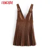 Tangada mode femmes marron Faux cuir robe plissée sangle sans manches dames élégante robe courte Vestidos 3H126 210609