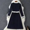 2021 Fall Autumn Long Sleeve Lapel Neck Blue Contrast Color Knitted Panelled Buttons Single-Breasted Dress Elegant Casual Dresses 21G318B394