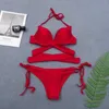 2020 Novo Nude Pink Bikinis Sexy String Bikini Setwear Mulheres Halter Push Up Swimsuit Natação Terno Para As Mulheres Tanga Biquini Y0820