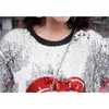 Lettere Labbra rosse Cartoon T-shirt lunga con paillettes Sexy Top in cotone sciolto Donna Estate Euro Bf Manica corta O-Collo Club Wear 210513