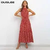 Oeslee casual polka dot drwomen zomer boho stijl gedrukt maxi jurken dames elegante partij lange dropidos mujer x0529