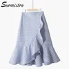 Vår sommar Midi Plaid kjol Kvinnor Koreansk stil Blå Ruffles Hög midja estetisk knä längd Kvinna 210421