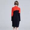 Kadın Patchwork Örme Düz Gevşek Kazak Elbiseler Sonbahar Kış Rahat Pist Sıcak Diz Boyu Ofis Elbise 210416