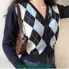Vintage géométrique Argyle pull Cardigan femmes automne tricot à manches longues col en V survêtement élégant tricoté dames chandails 211018
