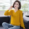 Elegant knitting V-Neck Lantern Sleeve Hollow out tops Women Fashion loose sexy sweater ladies Chic large size casual new base X0721