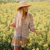 Vintage Chic Damen Hippie Grün Blumendruck V-Ausschnitt Bohemian Minikleid Sladies Flare Sleeve Boho Kleider Vestidos A591 Damen Bademode