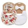 2 Sets/Lot Flower Print Embroidery Baby Bibs Headbands Bow Tie Scarf Bandana Double Side Toddler Saliva Towel Feeding Burp Cloth 211117