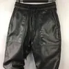 Idopy Men`s Winter Warm Faux Leather Harem Pants Elastic Waist Drawstring PU Joggings Trousers For Male 211119