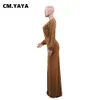 Cm.yaya vrouwen lange jurk effen volledige mouw v-hals strechy maxi vloer lengte jurken mode vintage partij vestidos zomer outfit 210915