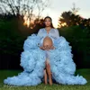 2021 Ruffles Sky Blue Tulle Kimono Vrouwen Avondjurken Robe voor Photoshoot Puffy Sleeves Prom Gowns Afrikaanse Kaap Cloak Maternity Dress Photography