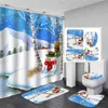 Ensemble de rideau de douche imprimé d'élan de Noël bleu avec tapis de toilette antidérapant, tapis de bain, produits de salle de bain, crochets de décoration de maison 211119