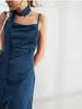 Sommarlov Navy Blue Satin Ruched Spaghetti Strap Midi Dress Casual Daily Beach Dresses Robe Mujer Femme Chic Vestido 210421