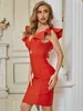 Ankomst Kvinnor Sexig Designer Ruffles Christmas V Neck Red Bandage Dress Ladies Elegant Bodycon Party Vestido 210527