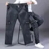 Männer lässige Jeans große Größe 46 48 Taschen lose Elastizität Stretch-Denim-Hosen hohe Taille gerade Jeans schwarz G0104